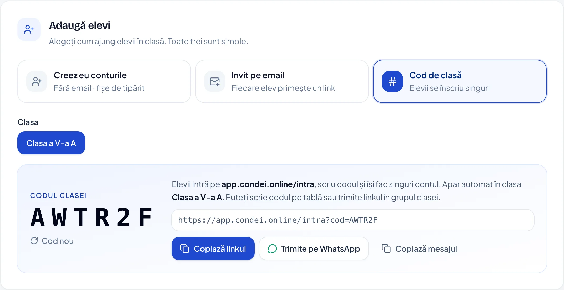 Codul clasei, cu linkul de copiat și butonul Trimite pe WhatsApp
