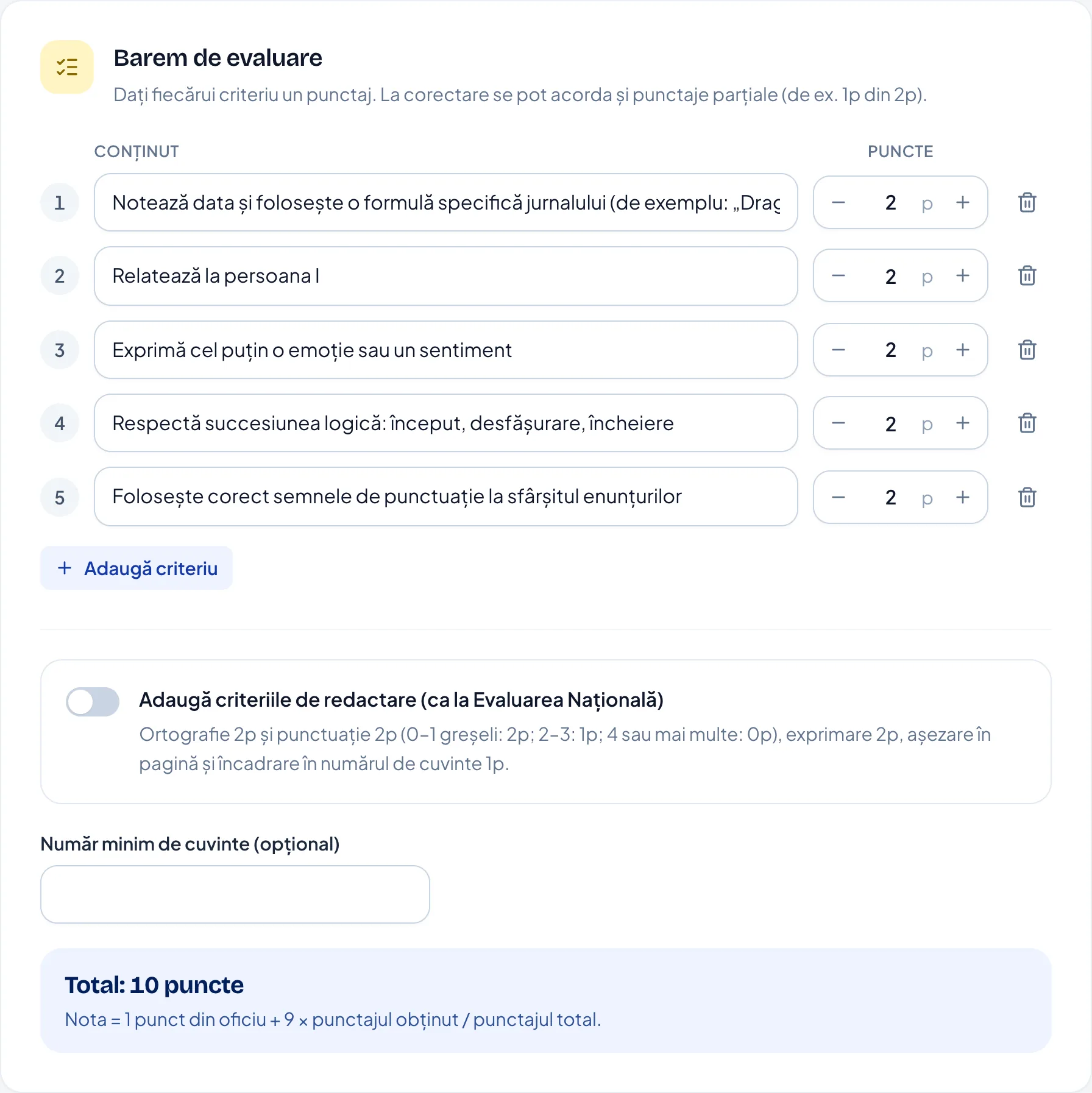 Baremul de evaluare: criterii cu puncte, criteriile de redactare și numărul minim de cuvinte