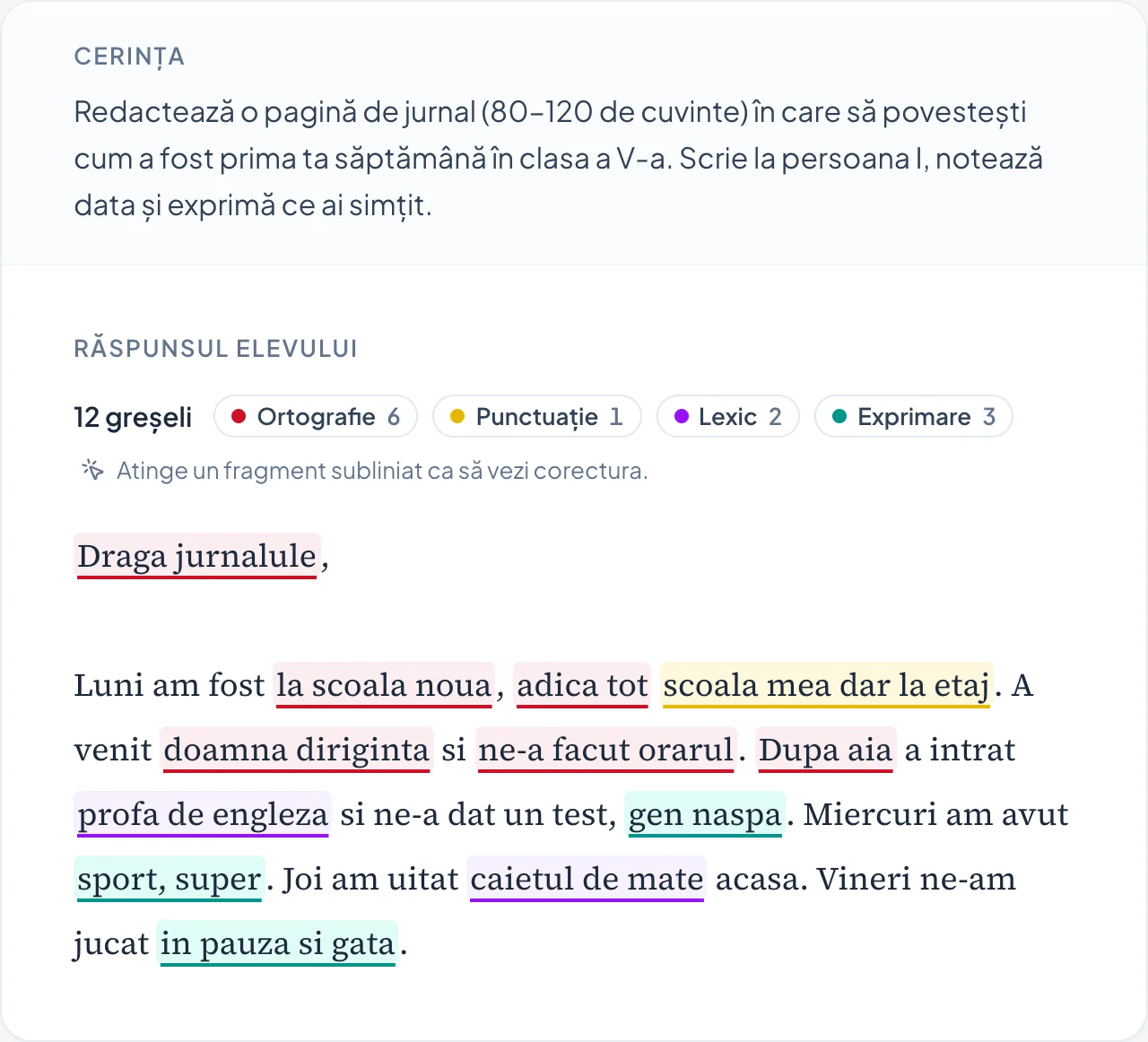 Textul elevului cu greșelile subliniate