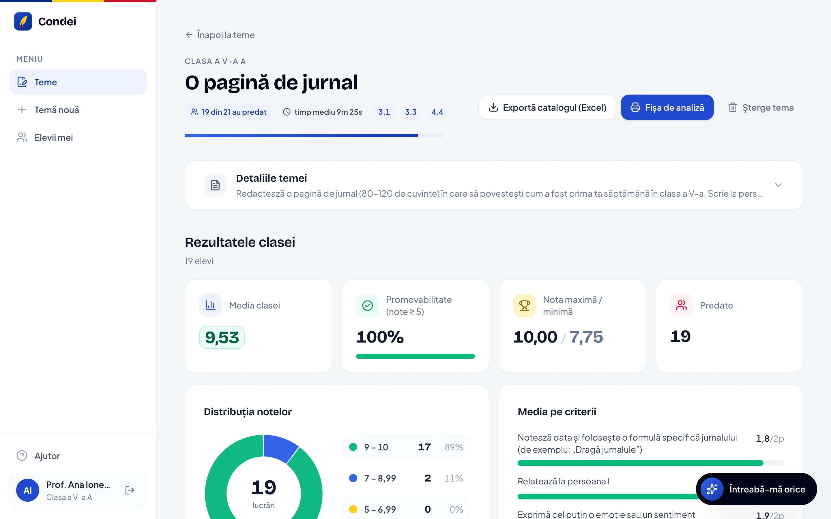 Raportul unei teme: câți elevi au predat, export pentru catalog, fișa de analiză și rezultatele clasei
