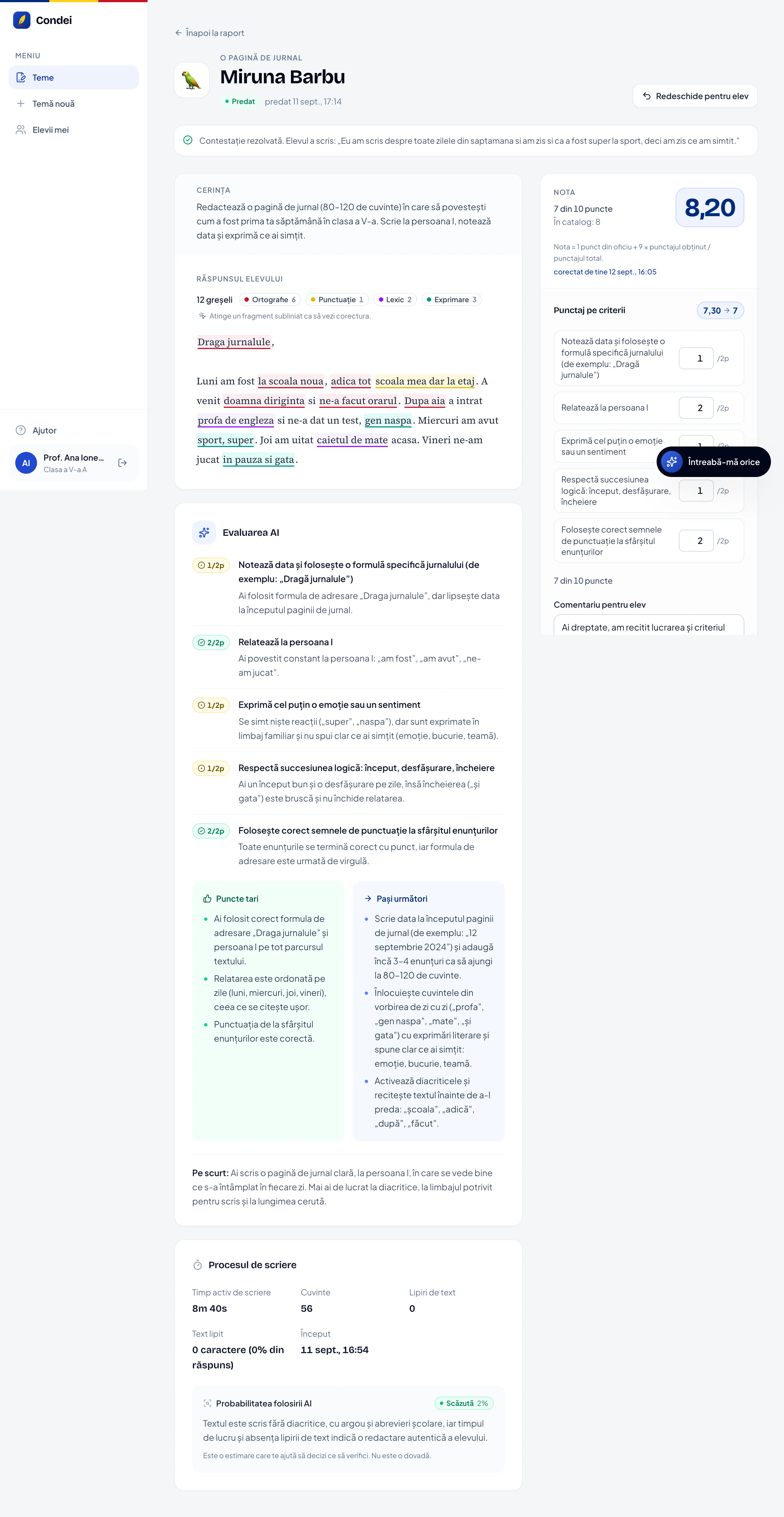 Punctajul pe criterii, cu câmpuri modificabile